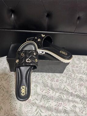 GBG Los Angeles Black Quilted Slide Sandals with Gold Studs